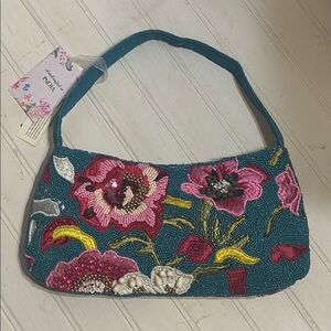 India Boutique Teal Blue and Pink beaded Shoulder Bag with Floral Design